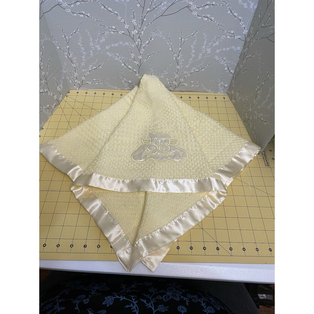 Kidgets Baby Blanket Heaven Sent Bear Baptism Yellow Waffle Thermal Satin Edge